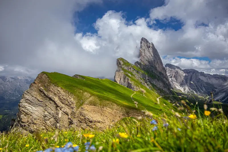 Green slopes rising to the sharp Seceda ridge